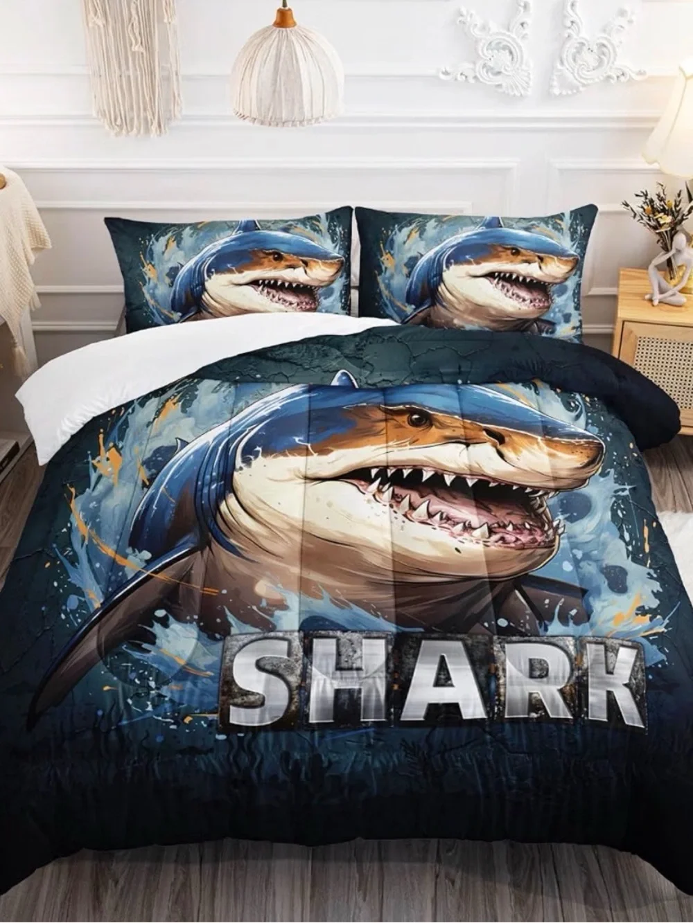 Shark Graphic Duvet Cover Set - Navy Blue